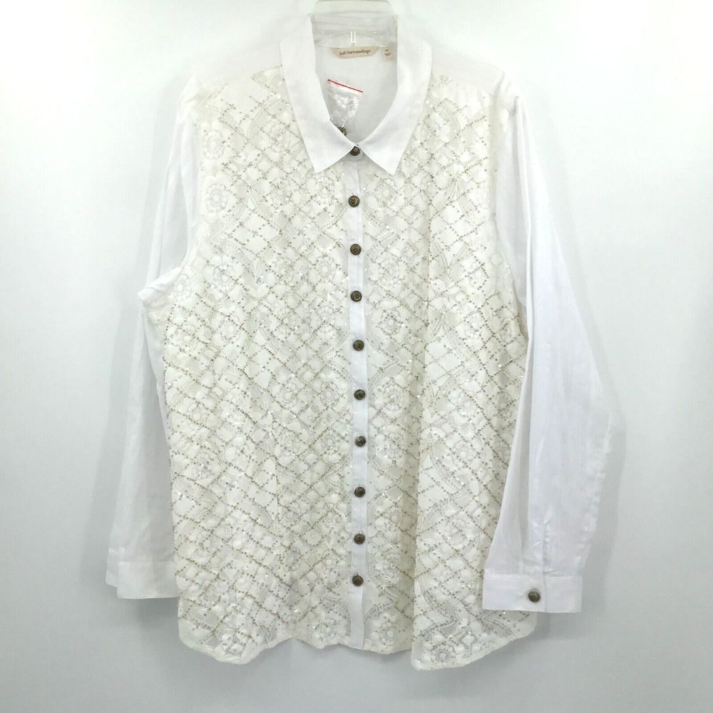 Soft Surroundings NWT white Cadenza beaded lace button down shirt Size 3X dressy